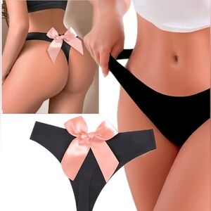 IZA Thong Second Skin Blush Pink Satin Bow Back Stretchy Smooth Black Panty NEW